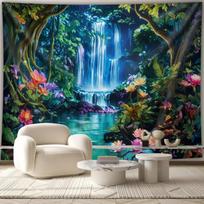Forest Waterfall Tapestry, Lush Jungle With Colorful Flowers, Nature Scenery Wall Art For Living Room Bedroom 70x100cm28x39in