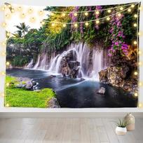 Tropical Waterfall Tapestry, Lush Greenery With Cascading Waterfall, Purple Flowers And Palm Trees Print Wall Hanging For Home 70x100CM