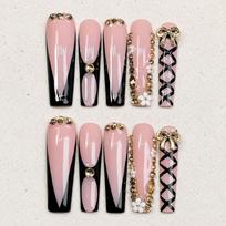 10pcs Handmade Press-On Nails With Pink Black Ribbon Bow Rhinestone Sweet Edgy Removable Nail Tips Women Small