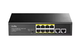 Tinklo jungiklis Cudy FS1010PG — 10/100Mbps, 8 PoE prievadai, 2 uplink, 120 W PoE biudžetas, metalinis korpusas