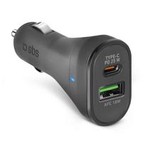Automobilinis įkroviklis SBS Mobile TECRPD25W – cigarečių degtuko lizdui, 12–24V, 1×USB-A, 1×USB-C, greitas įkrovimas, juodas