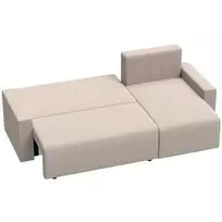 Kampinė sofa su miegojimo funkcija ir keičiama šezlongo puse, L formos 3 vietų sofa su veliūriniu apmušalu, smėlio spalvos