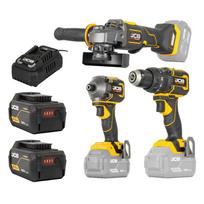 JCB JCB-18PKIT-7 Professional 18V 3 įrankių rinkinys smūginis gręžtuvas-suktuvas 75Nm smūginis suktuvas 230Nm kampinis šlifuoklis 125mm 2x5.0Ah akumuliatoriai 4.5A įkroviklis