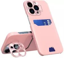 Odinis dėklas su stovu iPhone 14 Pro kortelių dėklas su stovu rožinės spalvos