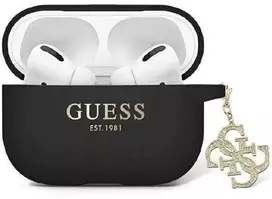 AirPods Pro 2 Guess GUAP2LECG4K dėklas - juodas Skystas silikonas su blizgučiais ir trikampiu