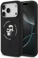 Telefono dėklas iPhone 17 Pro juodas silikoninis MagSafe Karl Lagerfeld