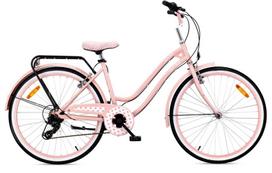 Moterų miesto dviratis 26 colių Damka su bagažine, kojele, krepšeliu, Shimano 7 pavaromis, Heart bike rožinis