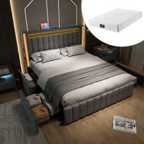 Polsterinė lova 160x200 cm, USB-C, LED, 4 stalčiai, medinės lentos, pilka