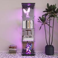 Veidrodinė stiklinė vitrina, vitrina su LED apšvietimu, 4 lentynos, 1 durys, stiklinė vitrina, grūdinto stiklo ir medžio spintelė, juoda
