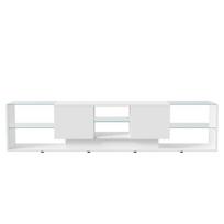 LED TV spintelė 200 cm, balta žema televizoriaus komoda su stiklo lentynomis ir stalčiais