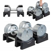 Reguliuojamų hantelių rinkinys 2x32,5 kg, kiekvienas žingsnis 1,5 kg, sidabriniai