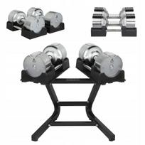 Reguliuojamų hantelių rinkinys 2 x 41,5 kg (sidabriniai) su juodu stovu iki 100 kg