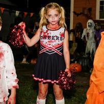 Zombių palaikymo komandos narės kostiumas mergaitėms Helovinui — helovino kostiumas, vaikų karnavalinis kostiumas, siaubo suknelė mergaitei, cosplay aksesuarai, balių kostiumas, siaubo cheerleaderės kostiumas, apranga vakarėliui