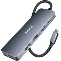 Benfei 5-in-1 USB-C Adapter Hub: 4K HDMI, 100W USB-C PD, and 3x USB-A, Gray