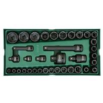 ⬡ Padėklas. Smūginių galvučių rinkinys 3/8" + 1/2" 13 vnt. (S09914, SATA)