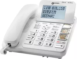 Geemarc CL595 Laidinis Senjorų Telefonas su Atsakikliu, Laisvų Rankų, Vizualiniu Skambučio Indikatoriumi, Suderinamas su Klausos Aparatais, Avariniu Pakabuku, Baltas
