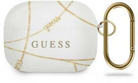 Dėklas „Guess GUACAPTPUCHWH AirPods Pro“ ausinės, ausinės su dangteliais ir baltomis „Gold Chain Collection“