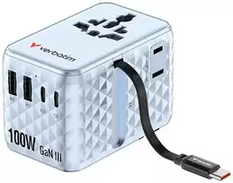 Verbatim, Adapteris kelioninis Charge ,n, Travel GaN III 2x USB-C, 2X USB-A + 1x zintegrowany kabelis USB-C, mėlyna, 100 W