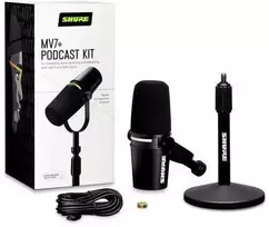 Shure mv7+-k-bndl – balso perdavimo/balso mikrofonas su xlr/usb-c jungtimi, juodas + gator stalo stovas