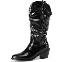 Fashion Casual Wedge Heels Western Cowboy Boots Women Waterproof Mid-calf Boots Fashion Shinny Black White Winter Shoes Large Size 34-48 34 juoda