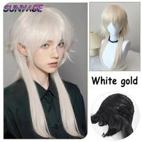 18 colių vidutinio ilgio vilko uodegos perukas su viduriniu sklastymu, rudi ir juodi akcentai, tamsiai žali Helovino Kalėdų Cosplay perukai 26inch