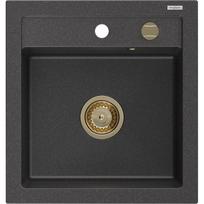 Mexen Vito granitinė virtuvės kriauklė vienos kameros 520 x 490 mm, juoda su dėmėmis, auksinis sifonas - 6503521000-76-G