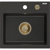 Mexen Milo granitinė vienos kameros plautuvė 435 x 410 mm, juoda/auksinė metalo spalva, auksinis sifonas - 6505441000-75-G