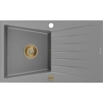 Mexen Cesar granitinė vienos kameros kriauklė su nusausinimo lenta 775 x 470 mm, pilka, auksinis sifonas - 6514771010-71-G