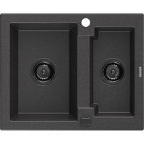 Mexen Carlos granito kriauklė su 1,5 skyriumi 582 x 475 mm, juoda su dėmelėmis, juodas sifonas - 6518581500-76-B
