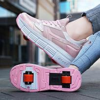 Kids' Double Wheel Roller Skate Shoes: Convertible Running and Skating Sneakers for Boys and Girls Size 30, 19cm rožinė