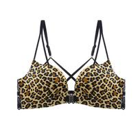 French Bra Leopard Print Front Button Bra Women's Lace Back Bra Gathered Without Steel Rims Adjustable Bra 32/70A