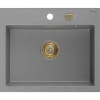 Mexen Oscar granitinė vienos kameros kriauklė 580 x 490 mm, pilka, auksinis sifonas - 6519581000-71-G