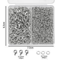 500Pcs/Box Jewelry Making Kit Lobster Clasps & Jump Rings with Box for DIY Chain Necklace Bracelet Anklet Supplies Connectors gray