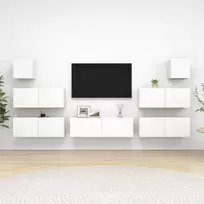 Televizoriaus spintelių komplektas, 7 dalių, baltas, mediena
