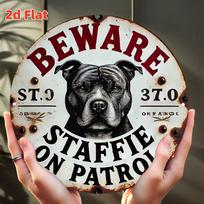 D bemol Atsargiai Staffordshire bulterjeras Patruliuoja Apvalus skardinis ženklas Vintažinis Rustic Šuns Įspėjimas Menas Metalinė Sienų Dekoras f 20x20cm(8x8inch)