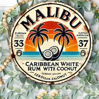 Vintage Malibu Rum Coconut Aluminum Wall Sign  Retro Tropical Decor with Palm Trees  Sunset Design Perfect for Home Bar 20x20cm(8x8inch)