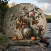 Elegous Jan Heem Floral Metal Wall Art Round Iron Decor for Home Bar Wedding 20x20cm(8x8inch)