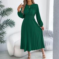 Women's Casual  Round Neck Ear-rimmed Long Sleeve Tight Waist Pleated Dress L žalia