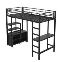 Storage Bed Loft Bed, 90x200cm, No Mattress, with Desk, Socket And USB, Metal Multiple Shelves, Open Cabinet, Railing, Ladder, Iron Frame, Black juoda