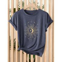 gold Sun and Moon Radiant Pattern Retro minimalist style printed top for spring and summer, suitable for daily commuting and casual wear Retro cute S safyro mėlyna spalva