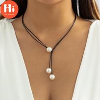 Hi Black Color Rope Chain Necklace Handmade Pearl Pendant Adjustable Neck Jewelry