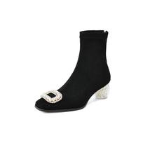 Krazing Pot Microfiber Winter Crystal Med Heels Modern Boots Women Back Zipper Size 42 Pearl Buckle Elastic Ankle Boots 34 juoda