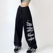 Sports Sweatpants Hipster Women's Printed Casual Pants High Waist Straight Skinny Wide Leg Drag Pants M juoda