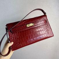 Aukščiausios kokybės karvės odos krokodilo rašto rankinė per petį moterims, matinės odos elan vienos peties crossbody baguette rankinė 27x14x5cm vyno raudonos spalvos