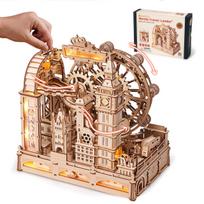 ROBOTIME 3D Wooden Puzzle, Marble Run with Lights, Marble Travel London Coaster, Waterwheel, Gears, Track, Marble Maze, Roller Coaster, Summer