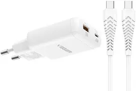 Telefono įkroviklis USB A + C tipo PD 65W + duomenų kabelis C tipo į C tipo 100W VEGER TR122 baltas