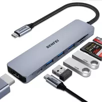 BENFEI adapter hub 7 in 1 USB C to 4K HDMI USB C 100W PD 3x USB A SD Micro SD pilka