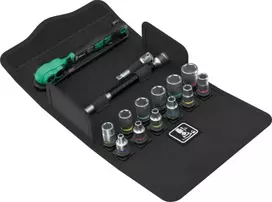Wera 8100 SA 13 Zyklop Comfort ratchet set – 15-piece metric sockets, 1/4" drive, fine-tooth 80 teeth, 4.5° return angle, wobble extension, textile box