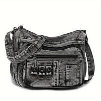 Vintažinė plauta džinsinė peties rankinė moterims, minkšto audinio kasdienė moteriška rankinė su užtrauktuku, vienos spalvos kaubojės stiliaus crossbody rankinė juoda