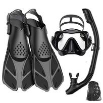 Mask Fins Snorkel Set, Snorkeling Gear for Adults, Panoramic View Snorkel Mask Anti-Fog, Adjustable Dive Flippers, Dry Top Snork S/M
